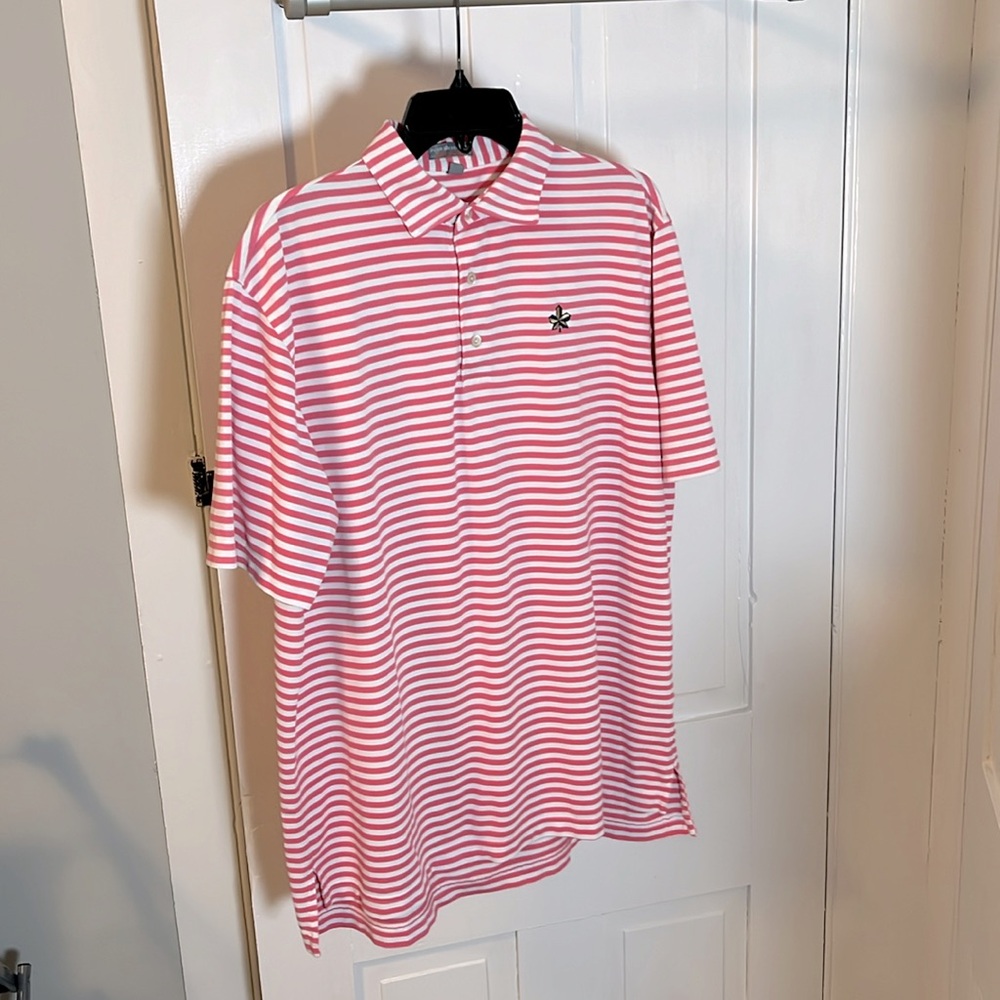 Peter Millar Golf Shirt- Size L- Pink & White Stripe- (Lightly Worn)